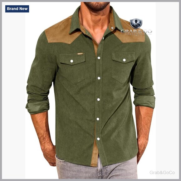 Men's Corduroy Button Down Shirt Jacket Long Sleeve Casual Western Style